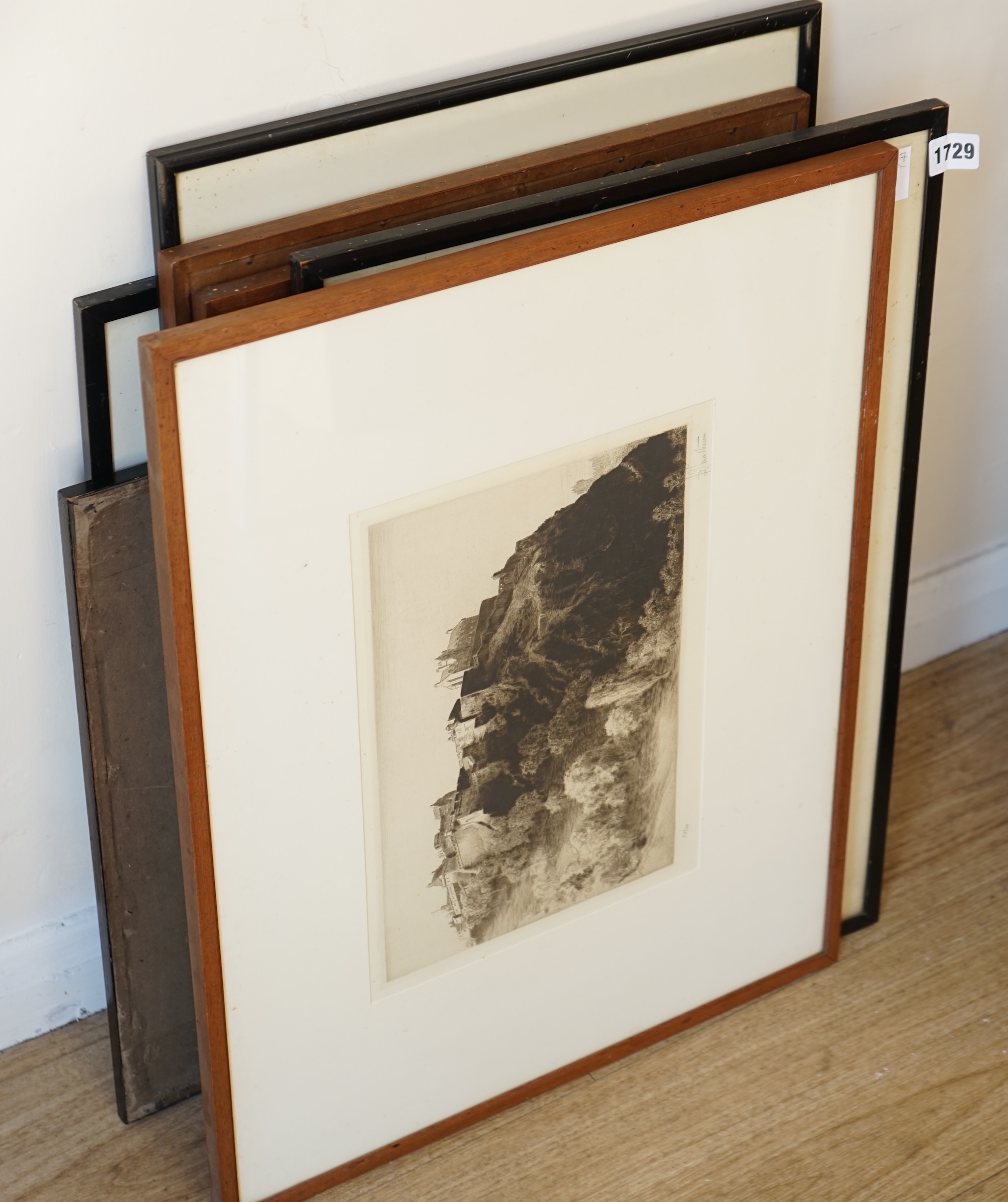 A collection of seven dry point etchings, by artists including, Mortimer Luddington Menpes, Johnson Baird, Albany Howard, Louis Whirter, each signed in pencil, 37 x 25.5cm. Condition - fair